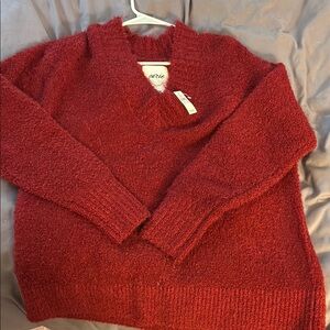 Aerie Red V-Neck Sweater Cozy Knit